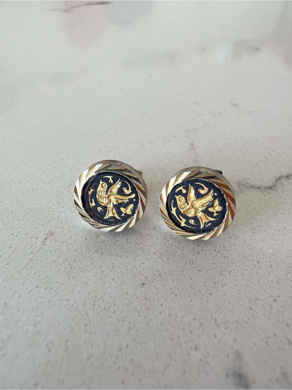 Vintage Spanish Damascene Bird Stud Earrings Black Gold Inlay Toledo Style